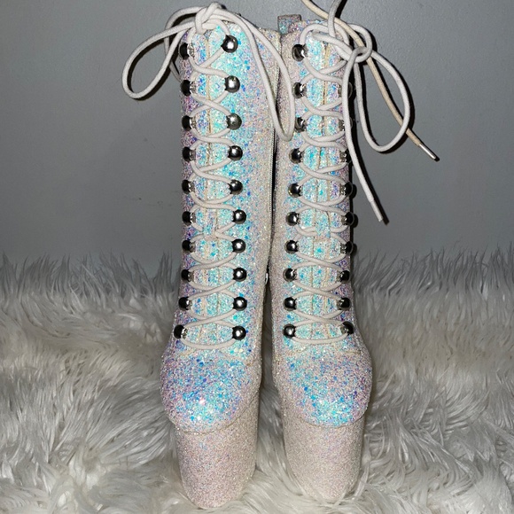YRU MYA STAR WHITE GLITTER PLATFORM Stripper Dancewear BOOTS HEELS  XTRA Size 5 - Picture 4 of 16